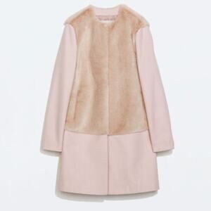 ZARA Faux Fur Panel Coat in Pink